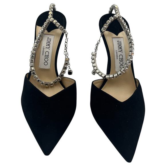 Jimmy Choo Saeda 100 Crystal Embellished Suede Pointed Toe Pumps Black 37 / 7 - Picture 4 of 12